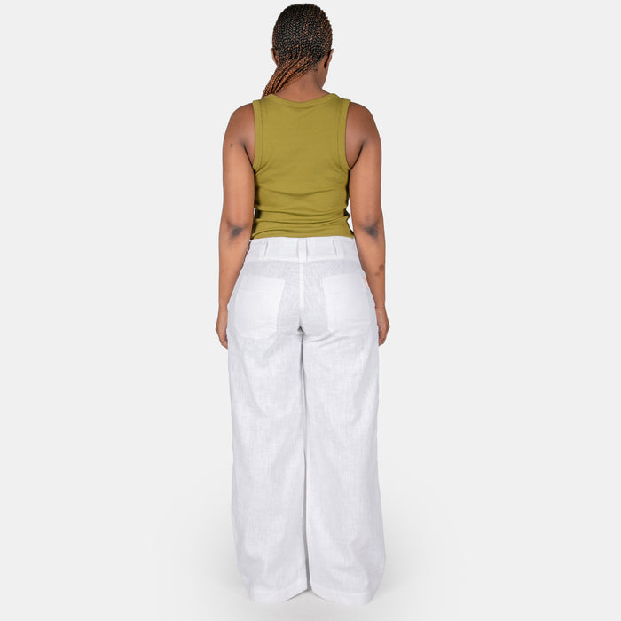 Ladies' Wide Fitted Linen Pants - White