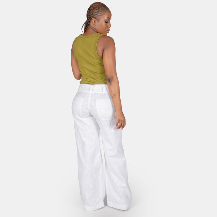 Ladies' Wide Fitted Linen Pants - White
