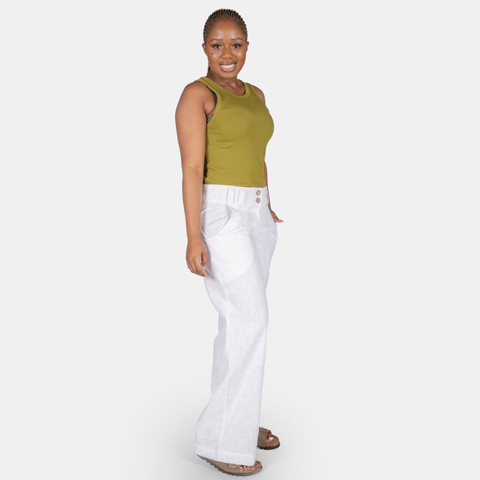 Ladies' Wide Fitted Linen Pants - White