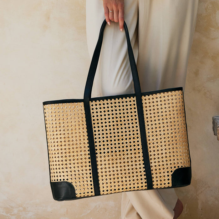 Large Rattan Cane Weave Tote with Black Leather Trim