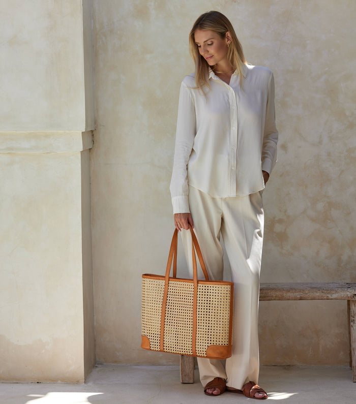 Large Rattan Cane Weave Tote with Brown Leather Trim
