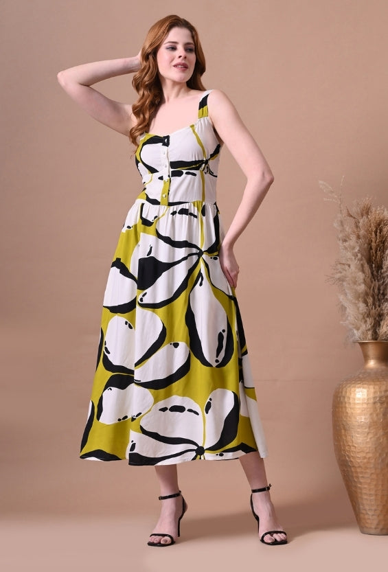 Lime Yellow Rayon Abstract Print Women's Printed Mini Dresses for Women