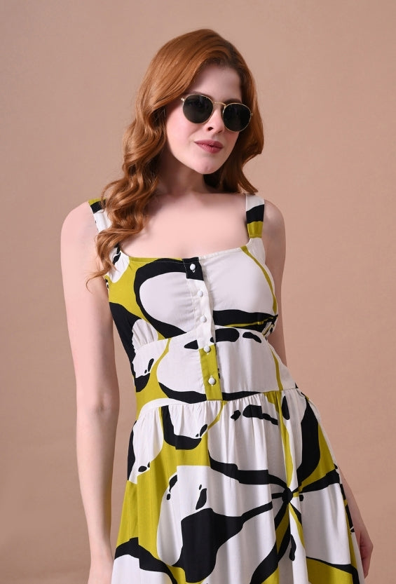 Lime Yellow Rayon Abstract Print Women's Printed Mini Dresses for Women