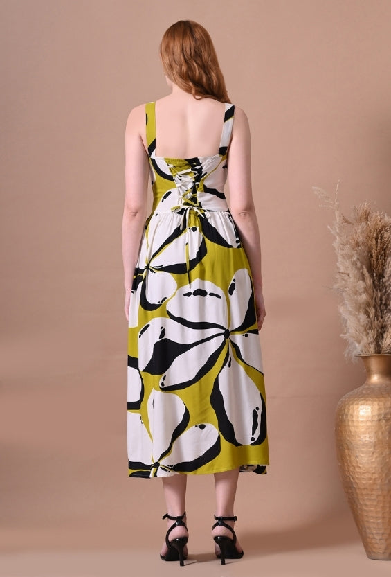 Lime Yellow Rayon Abstract Print Women's Printed Mini Dresses for Women