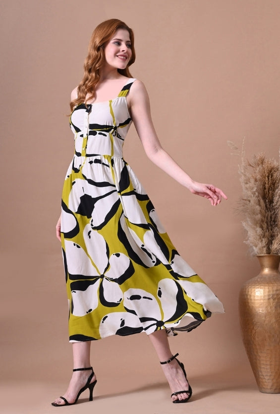 Lime Yellow Rayon Abstract Print Women's Printed Mini Dresses for Women