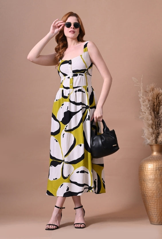 Lime Yellow Rayon Abstract Print Women's Printed Mini Dresses for Women