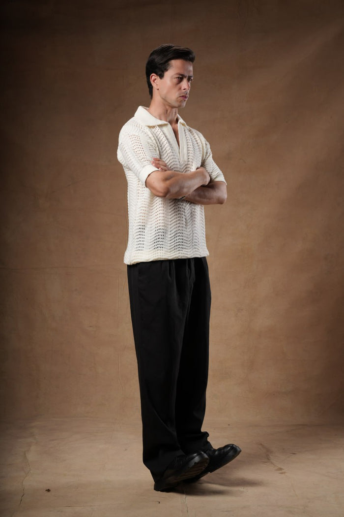 Loose Fit Pointelle Knit Polo Shirt.