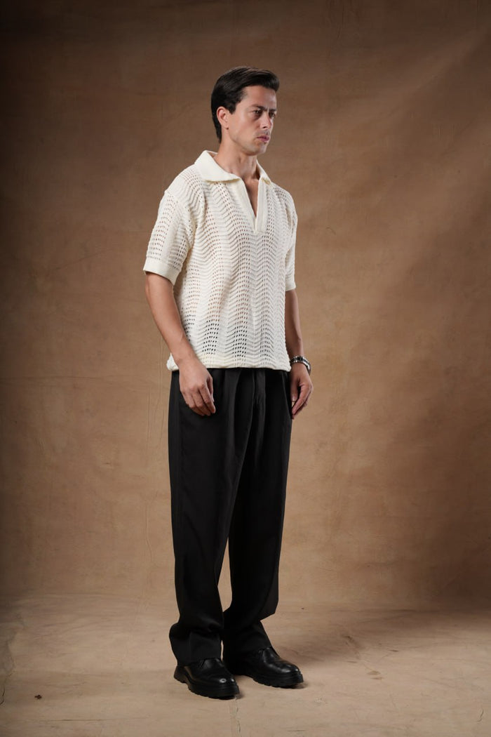 Loose Fit Pointelle Knit Polo Shirt.