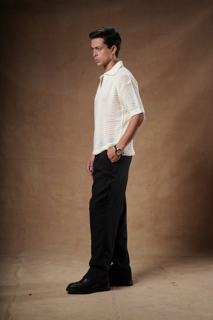 Loose Fit Pointelle Knit Polo Shirt.