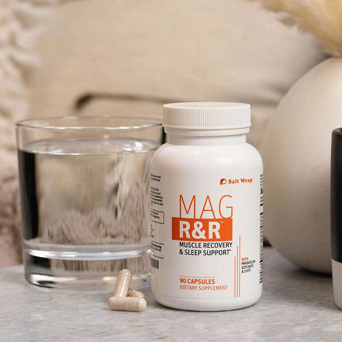 MAG R&R - Nighttime Muscle Cramps & Relaxation Support SaltWrap sitting on nightstand