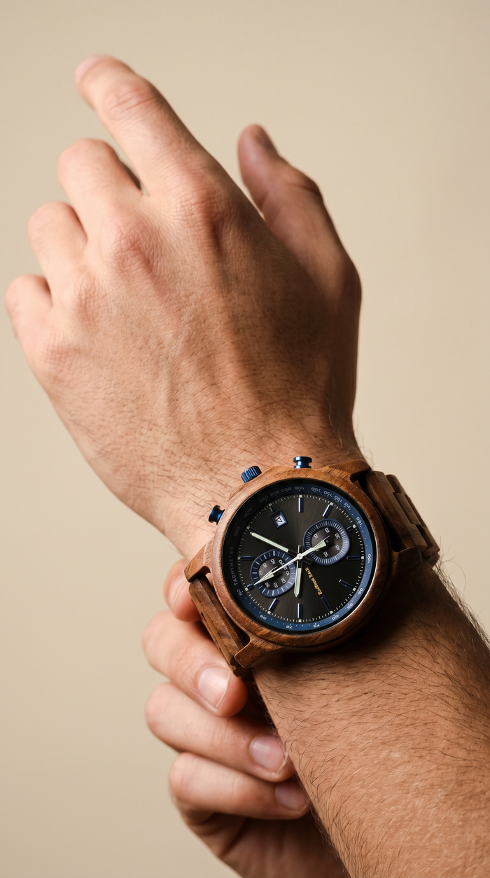 Mana Koa Wood Watch - Blue - Close-Up 1
