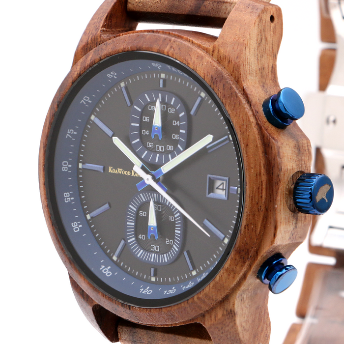 Mana Koa Wood Watch - Blue - Close-Up 2
