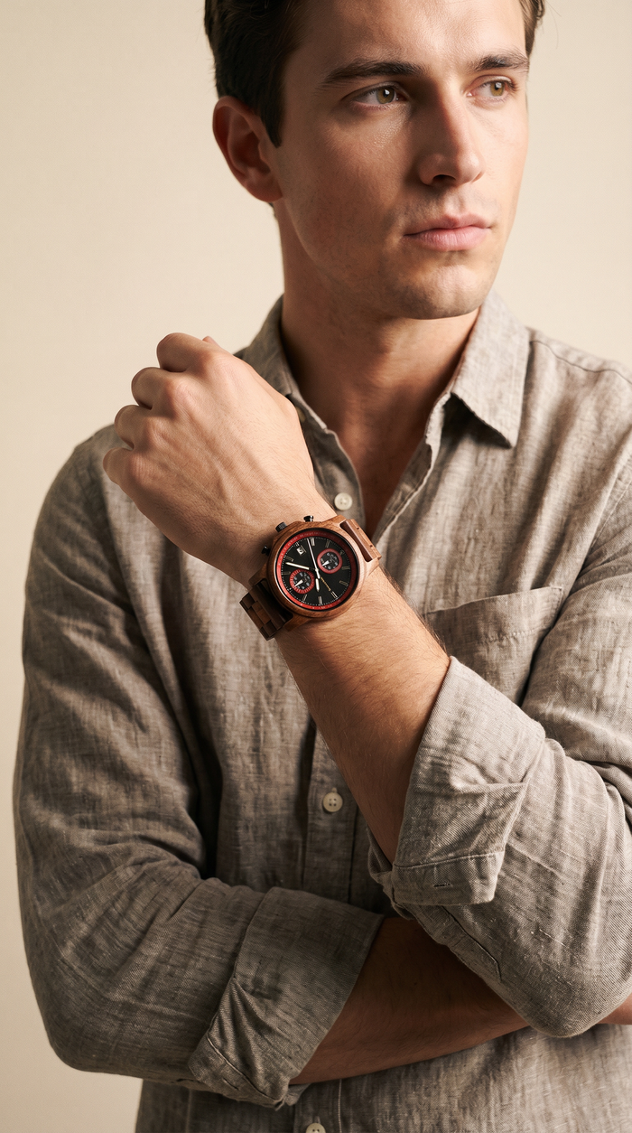 Mana Koa Wood Watch - Red - Close-Up 1