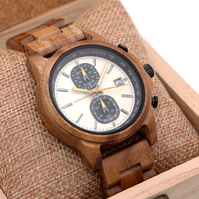 Mana Koa Wood Watch - White - Close-Up 2