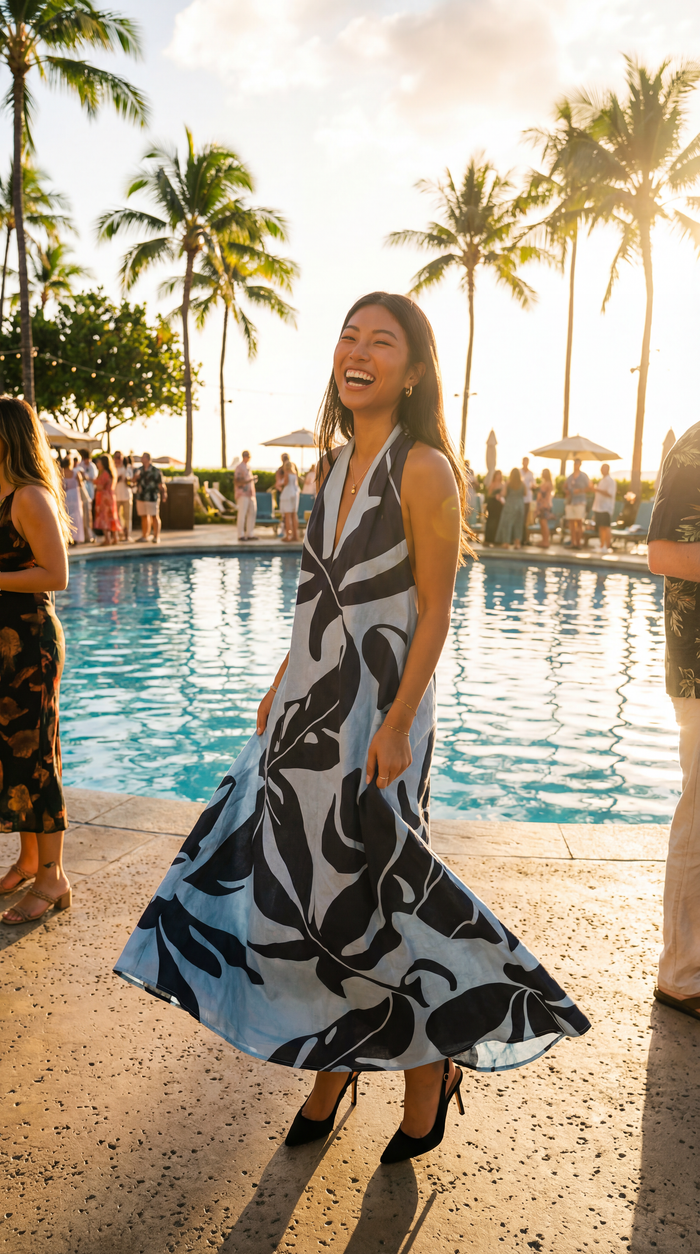 Mauka Midi Dress - Forest Leaves Blue - Back View 2