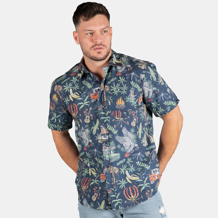 Men's Button Up Jungle Night Shirt - Navy