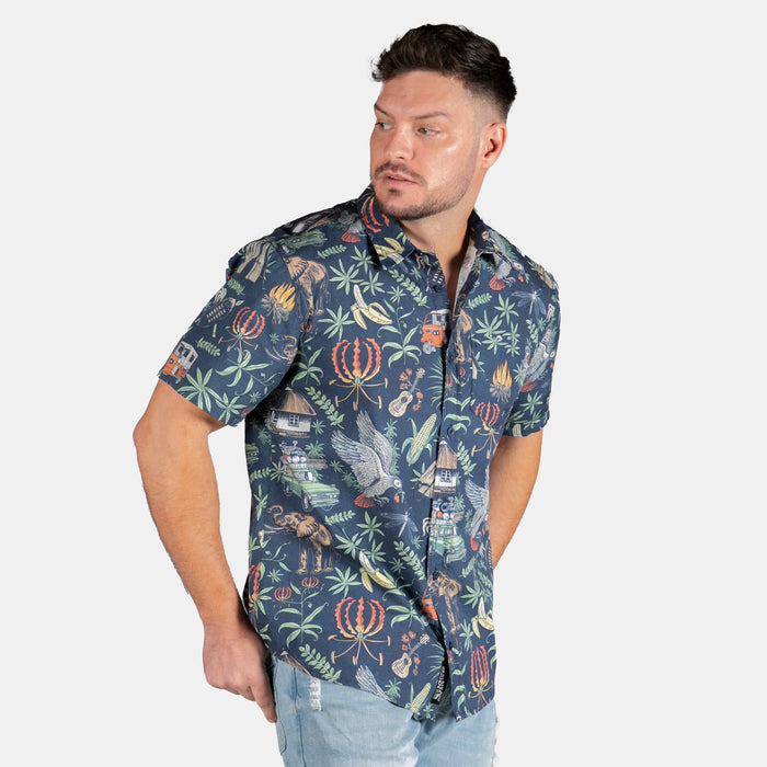 Men's Button Up Jungle Night Shirt - Navy