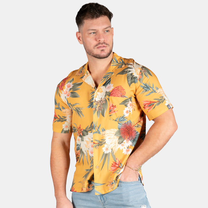 Men's Safari Design Collared Shirt - Mustard