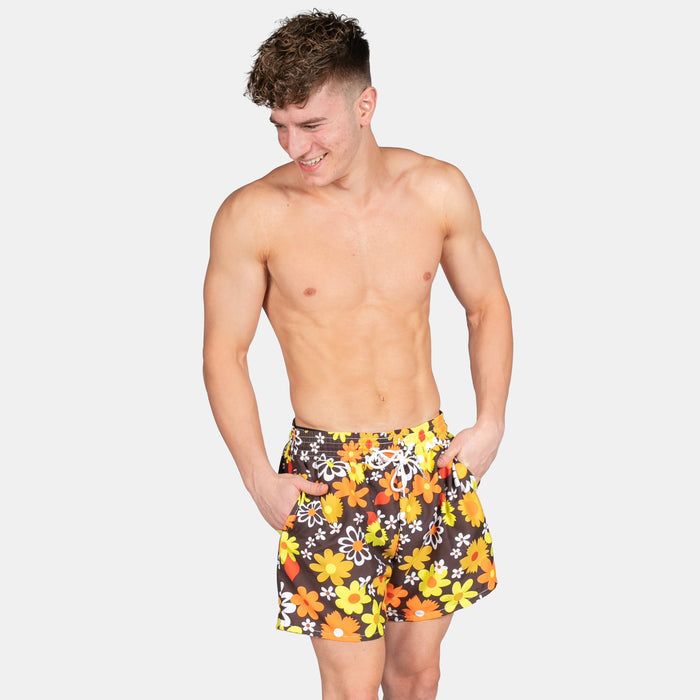 Men's Vintage Floral Design Swim Shorts with Drawstring