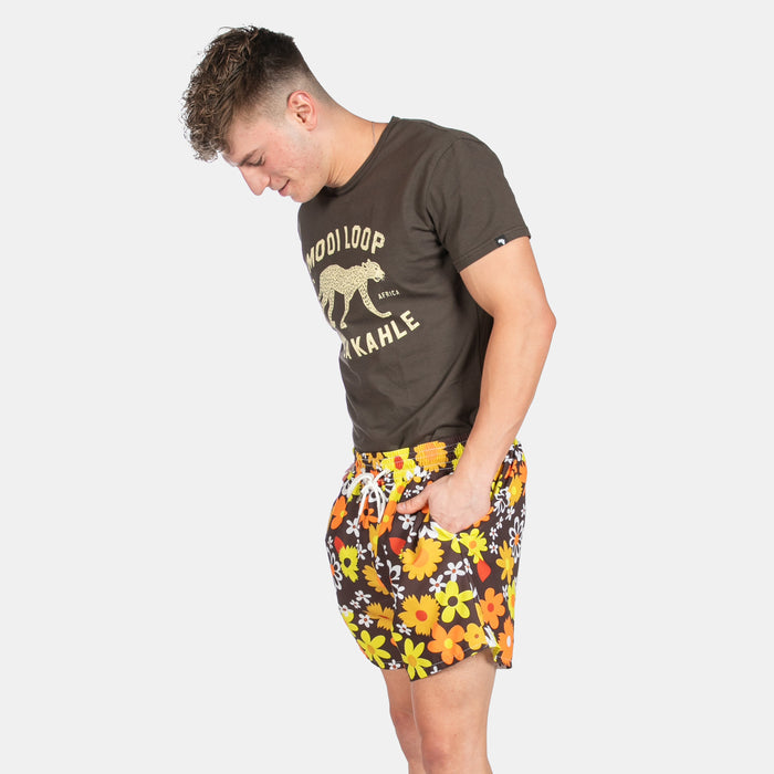 Men's Vintage Floral Design Swim Shorts with Drawstring