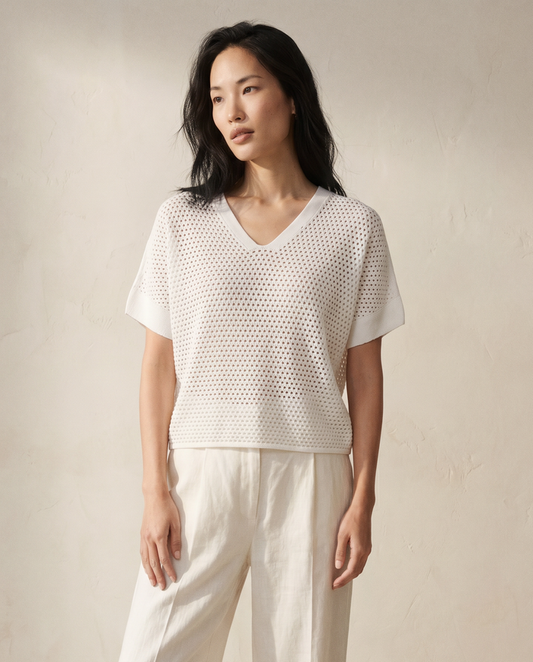 Mesh V-Neck Knit Top - Top View 1