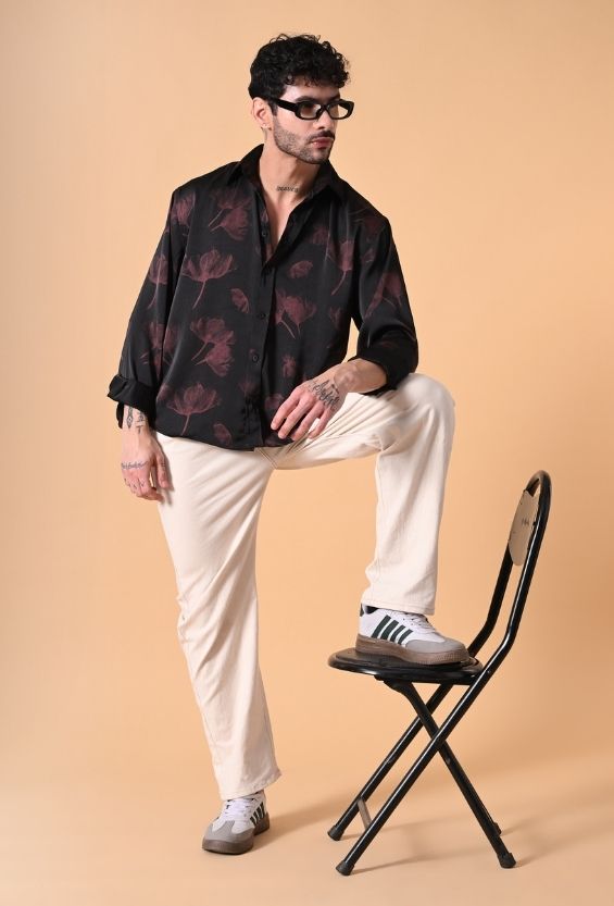 long sleeve black floral shirt men