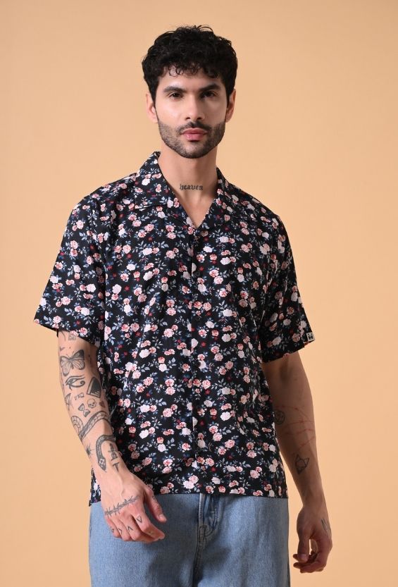 Midnight Navy Floral Print Men's Cuban Collar Shirts for Men