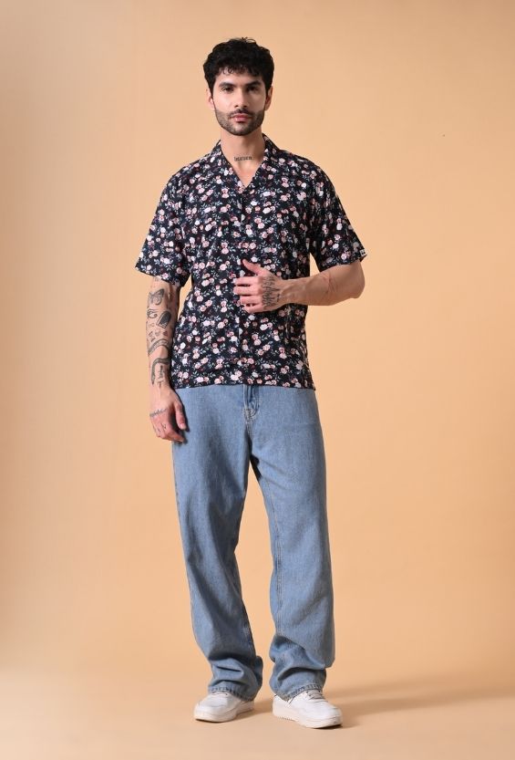 Midnight Navy Floral Print Men's Cuban Collar Shirts for Men