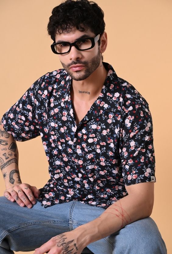 Midnight Navy Floral Print Men's Cuban Collar Shirts for Men