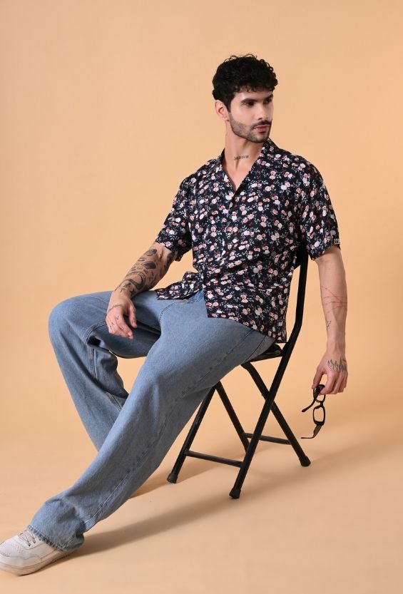 Midnight Navy Floral Print Men's Cuban Collar Shirts for Men