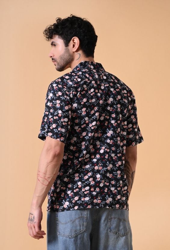 Midnight Navy Floral Print Men's Cuban Collar Shirts for Men