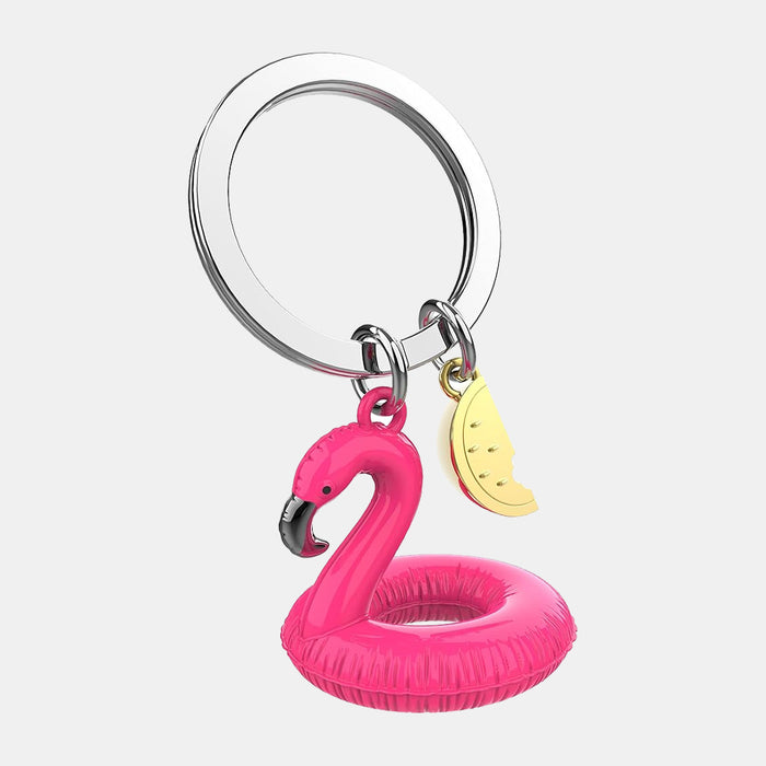 Miniature 3D Pink Pool Flamingo Charm Metal Keyring - MULTI
