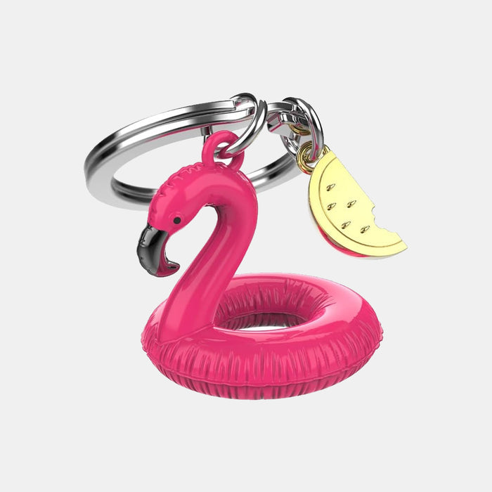 Miniature 3D Pink Pool Flamingo Charm Metal Keyring - MULTI