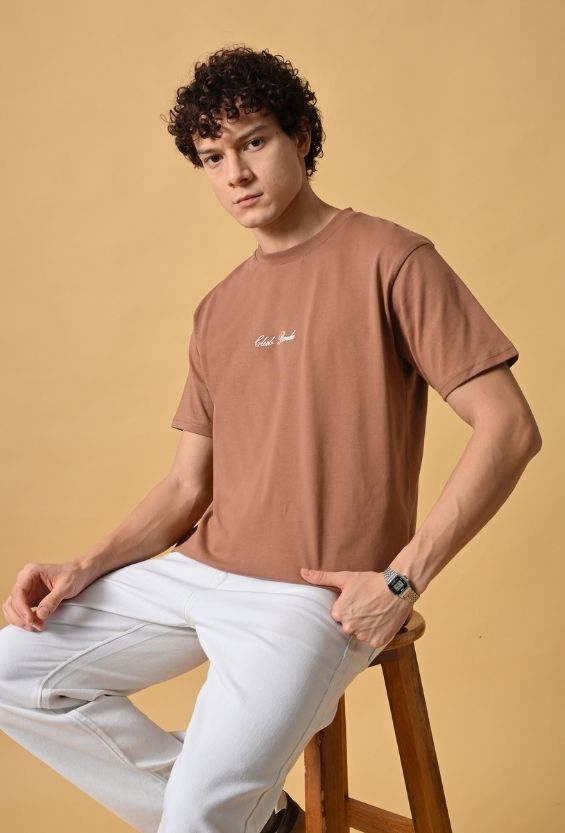 Mocha Brown Cotton Regular Fit Graphic T-Shirt for Men | 210 GSM Casual Wear