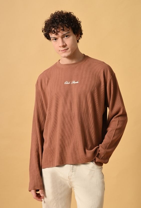 Mocha Brown Waffle Knit Oversized Boxy T-Shirt for Men | Raw Edge Streetwear Tee