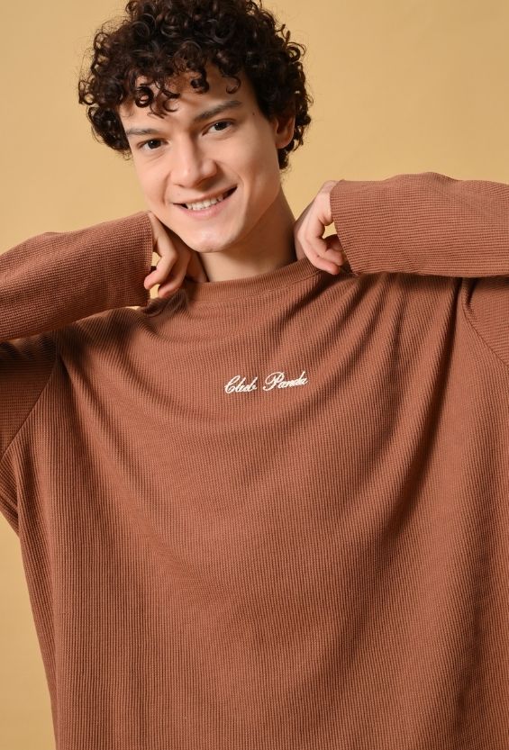 Mocha Brown Waffle Knit Oversized Boxy T-Shirt for Men | Raw Edge Streetwear Tee