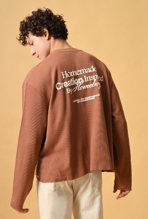 Mocha Brown Waffle Knit Oversized Boxy T-Shirt for Men | Raw Edge Streetwear Tee