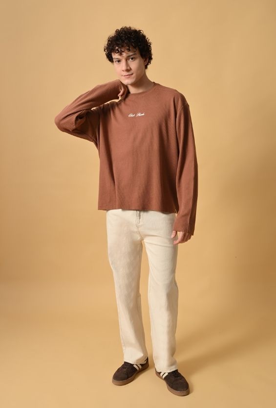 Mocha Brown Waffle Knit Oversized Boxy T-Shirt for Men | Raw Edge Streetwear Tee
