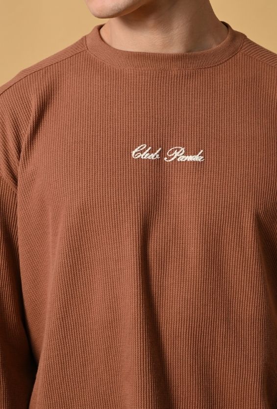 Mocha Brown Waffle Knit Oversized Boxy T-Shirt for Men | Raw Edge Streetwear Tee