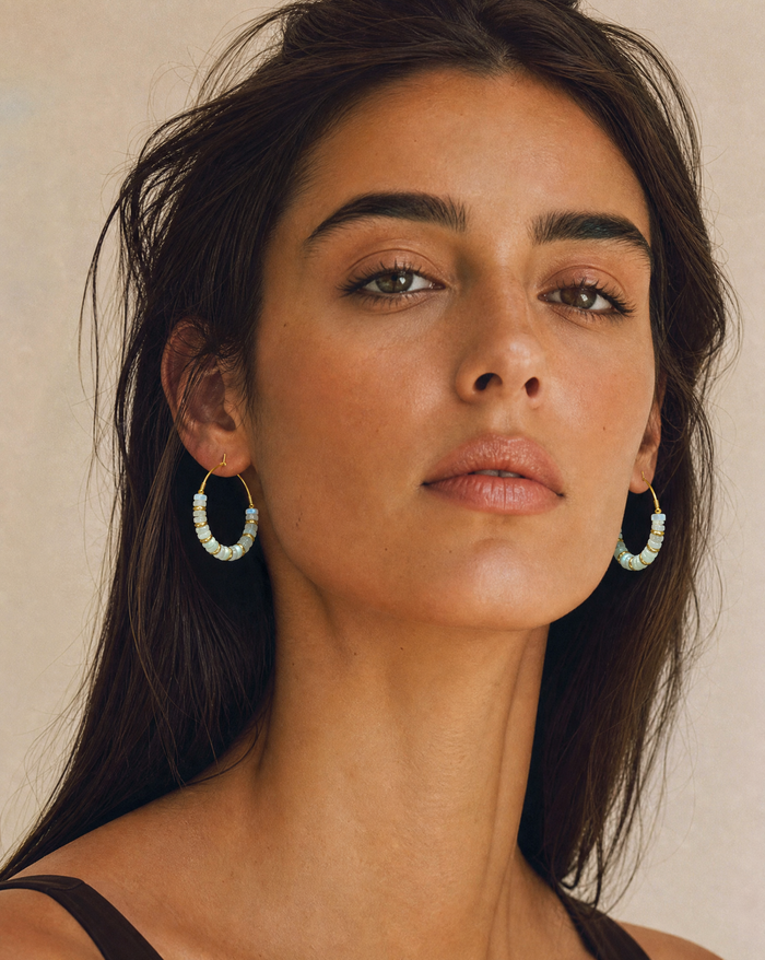 Mother of Pearl Beaded Hoop Earrings - Close-Up