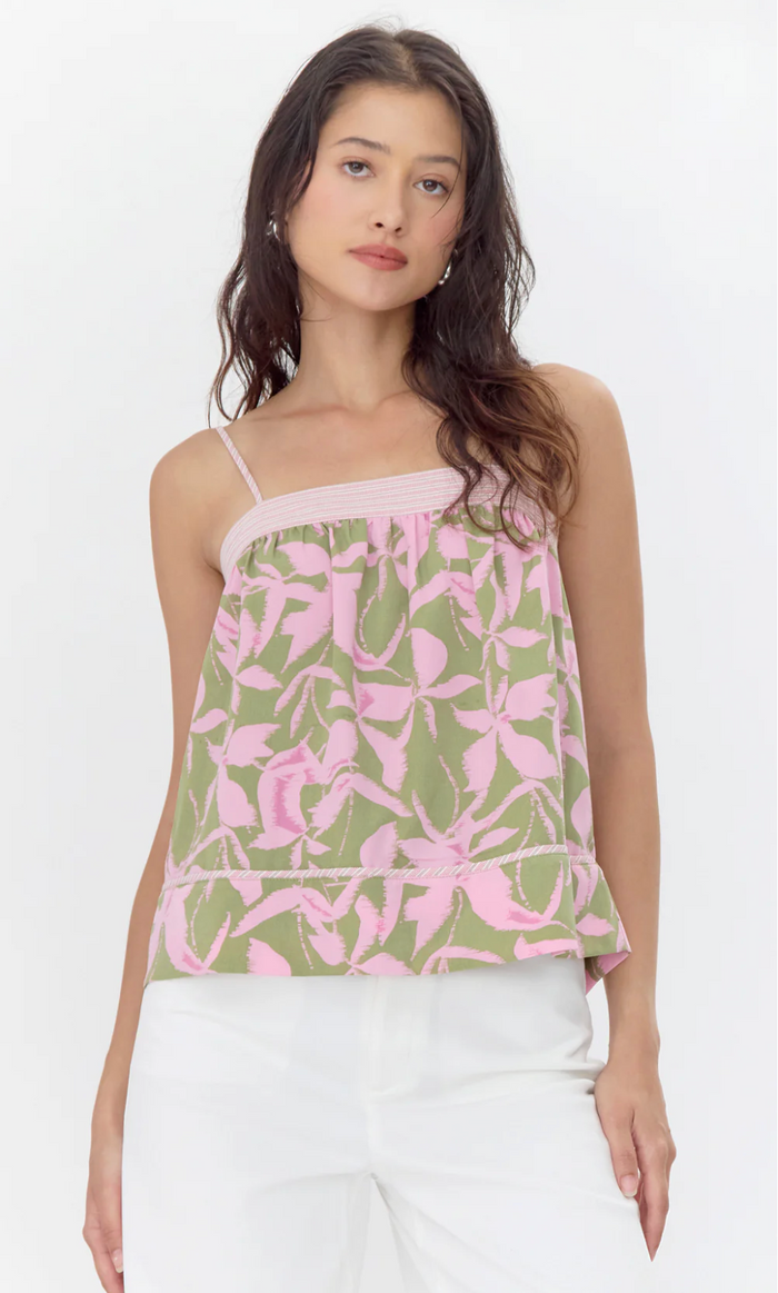 Naeli Print Strap Tank - Sage/ Pink - Top View 1