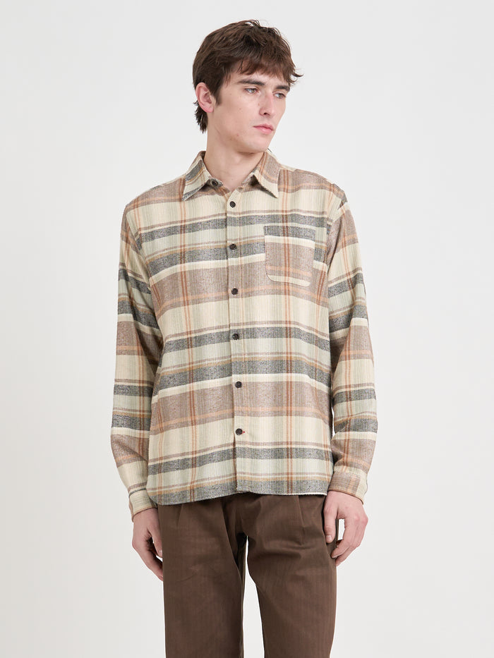 Model is wearing an Oliver Spencer New York Special Shirt in Robbins Multi