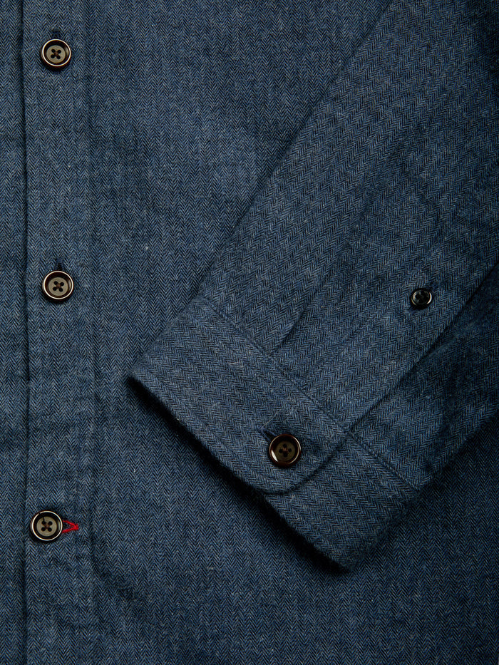 Detailed cuff shot of Oliver Spencer Navy Spear Collar Cotton Shirt