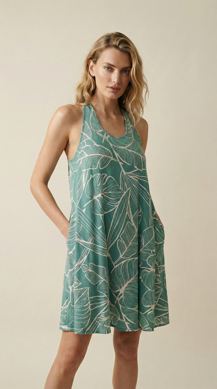 NIKKI DRESS - TROPICAL FOLIAGE Teal