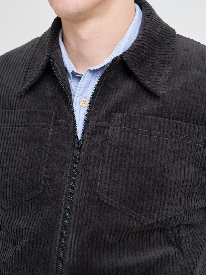 Close up collar shot of Oliver Spencer Men's Grey Cotton Corduroy Trucker Jacket