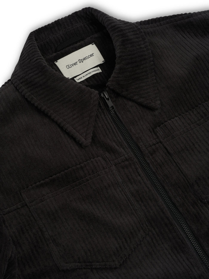 Close up collar shot of Oliver Spencer Men's Grey Cotton Corduroy Trucker Jacket