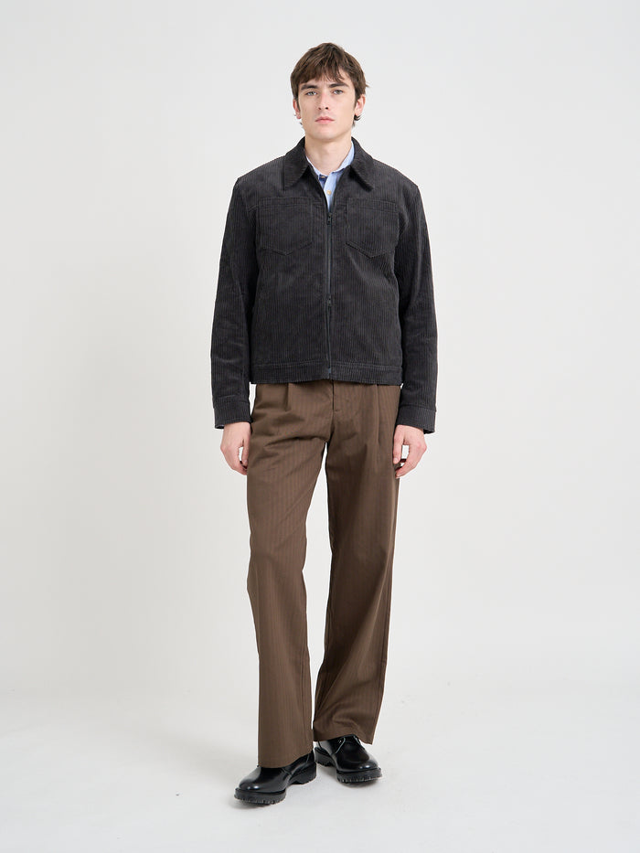 Model wearing Oliver Spencer Men's Grey Cotton Corduroy Trucker Jacket Flat Shot