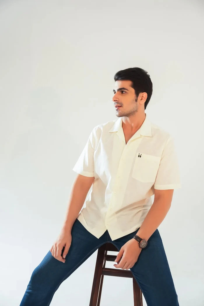 Off White Linen Blend Oversized Fit Men's Linen Shirts for Men