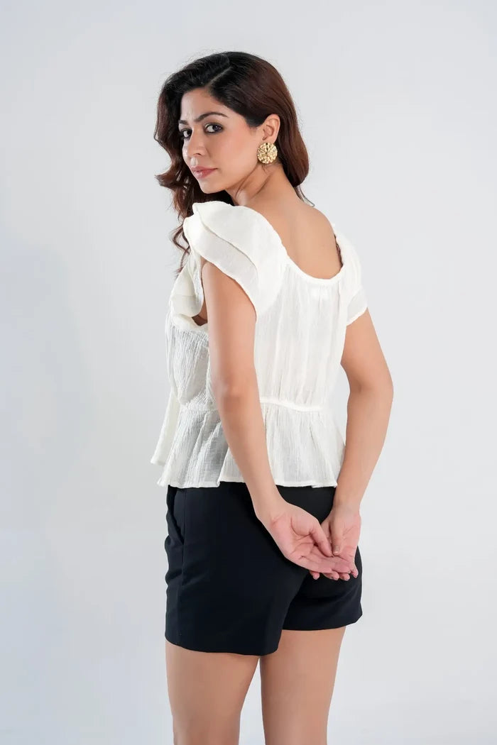 Off-White Peplum Top with Ruffle Sleeves – Side Back View | Lightweight Cotton Summer Blouse