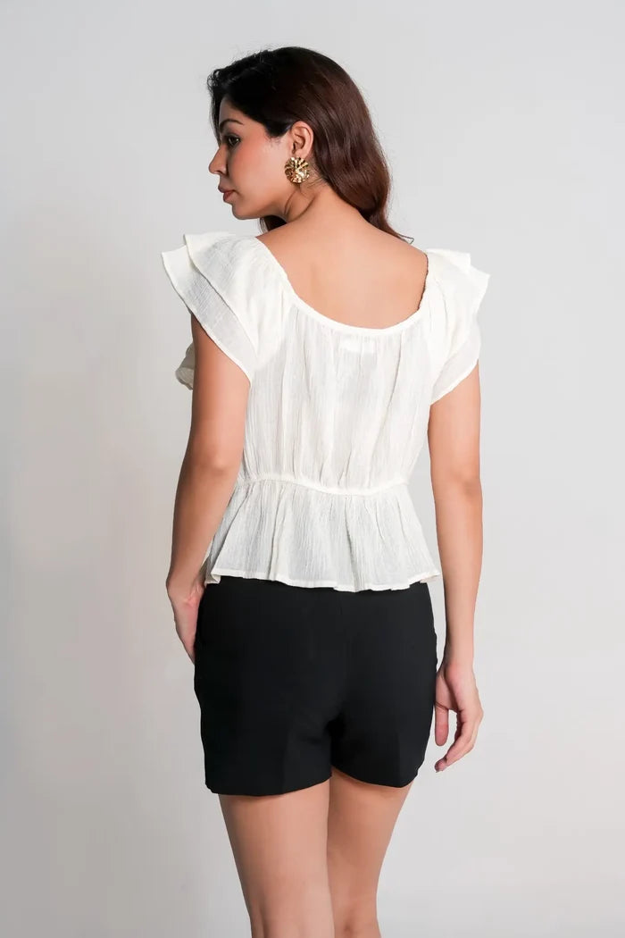 Off-White Cotton Ruffle Sleeve Peplum Top – Back View | Women’s Cottagecore Summer Blouse